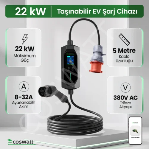 Coswatt Taşınabilir EV Şarj Cihazı CS-P3-32A / 22kW / 5M
