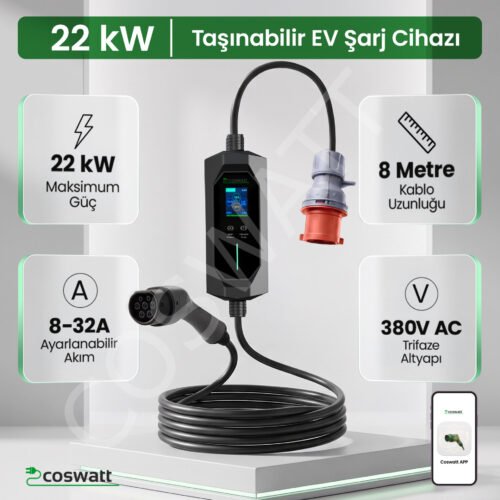 Coswatt Taşınabilir EV Şarj Cihazı CS-P3-32A / 22kW / 8M