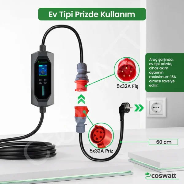Coswatt Taşınabilir EV Şarj Cihazı CS-P3-32A / 22kW / 8M