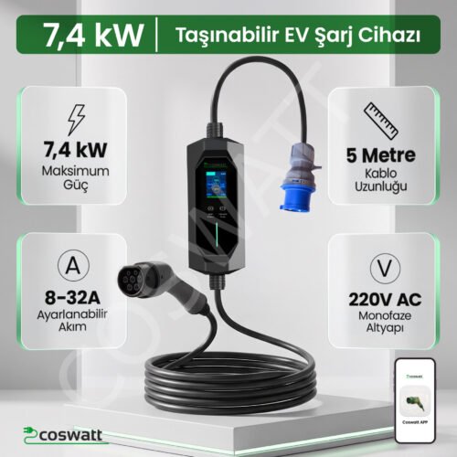 Coswatt Taşınabilir EV Şarj Cihazı CS-P1-32A / 7.4kW / 5M